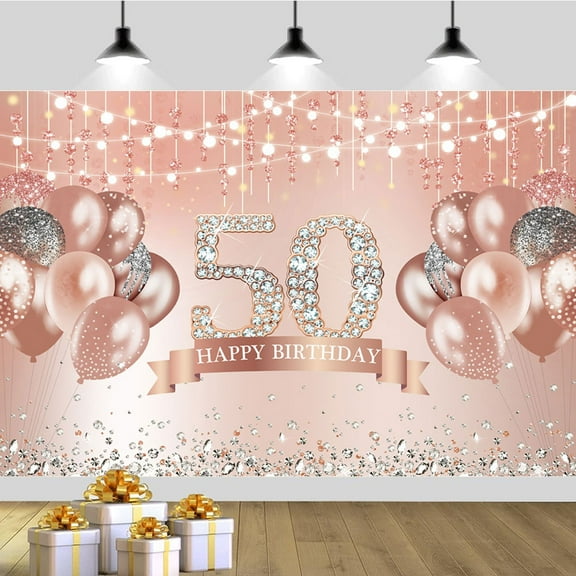 7 ft x 5 ft Rose Gold Happy 50th Birthday Glitter Diamonds and Balloons Backdrop – Elegant Party Decoration for Milestone Celebrations, Perfect for Photos and Events