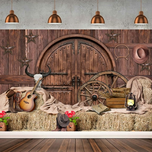 7 ft x 5 ft Western Cowboy Barn Birthday Backdrop – Rustic Brown Wooden Party Decoration for Farm, Cowboy, and Western Theme Celebrations