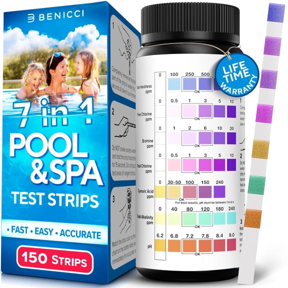 7-in-1 Accurate Pool Test Strips - 150 Hot Tub Spa Quick Water Testing Kit Bromine pH Hardness Alkalinity Chlorine & Cyanuric Acid Perfect for Any Pools Spa tubs