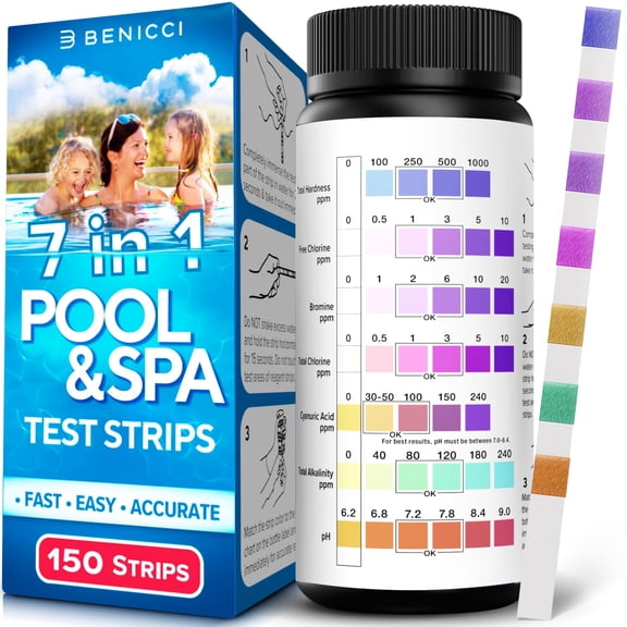 7-in-1 Accurate Pool Test Strips - 150 Hot Tub Spa Test Strips - Quick Pool Water Testing Kit - Bromine, pH, Hardness, Alkalinity, Chlorine & Cyanuric Acid - Perfect for Any Pools, Spa, Hot tubs