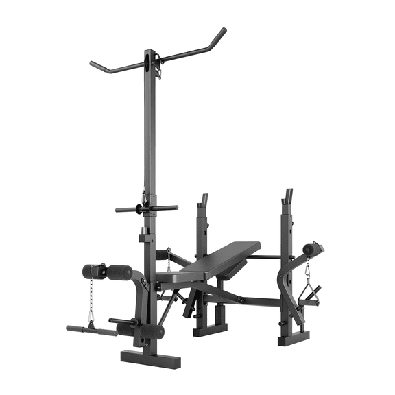 7-in-1 Adjustable Weight Bench Press Set with Squat Rack, Leg Extension, Preacher Curly Pad & Lat Pulldown – Collapsible Flat Incline Station for Home Gym – Black