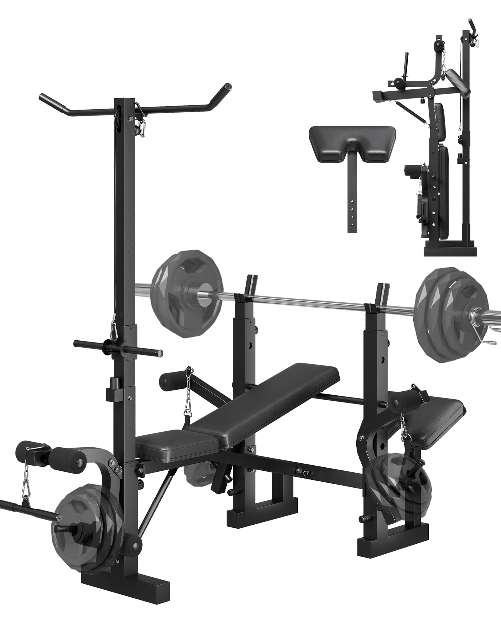 7-in-1 Adjustable Weight Bench Press Set with Squat Rack, Leg Extension, Preacher Curly Pad & Lat Pulldown  Collapsible Flat Incline Strength Training Station for Home Gym