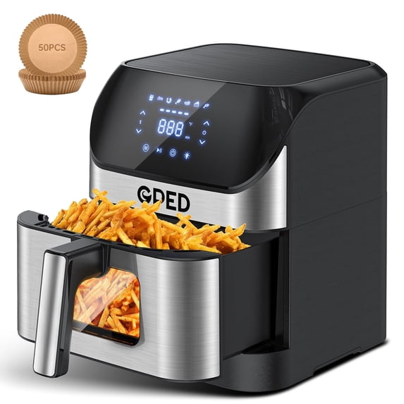 7-in-1 Air Fryer, 7.5QT Oilless Air Fryer Oven with Visible Cooking Window, One-Touch Screen, Nonstick & Dishwasher Safe Basket, Including Air Fryer Paper Liners 50PCS, Silver