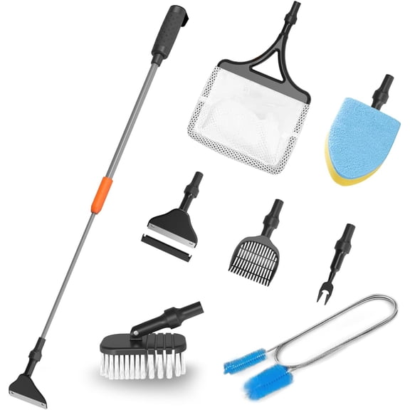 7-in-1 Aquarium Cleaning Tool, Fish Cleaner with Telescopic Handle,Aquariums Scraper,Adjustable Angle Brush,Gravel Rake, Fork, Flat Sponge,Large Fishes Net,Hose Brushes