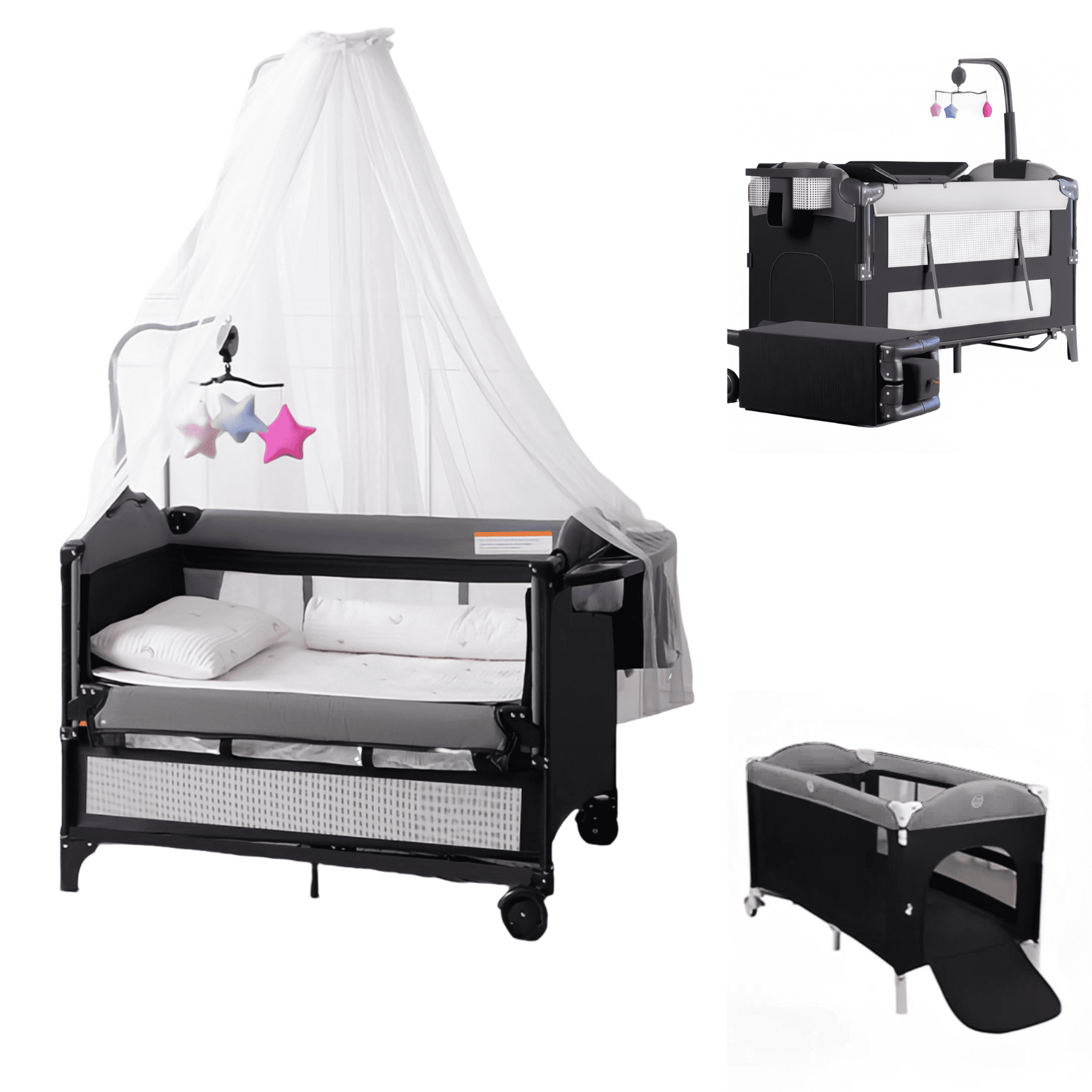 7 in 1 Baby Play Yard Foldable Nursery Center with Changing Table, Mosquito Net for Newborn to Toddler, Unisex Grey