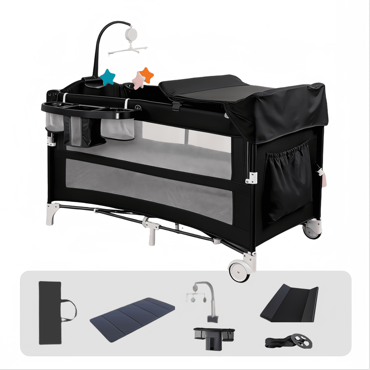 7 in 1 Baby Playard Portable Playard and Bassinet Bedside Sleeper with Changing Table & Wheels for 0-3 Years,Unisex,4-Panels (Black)