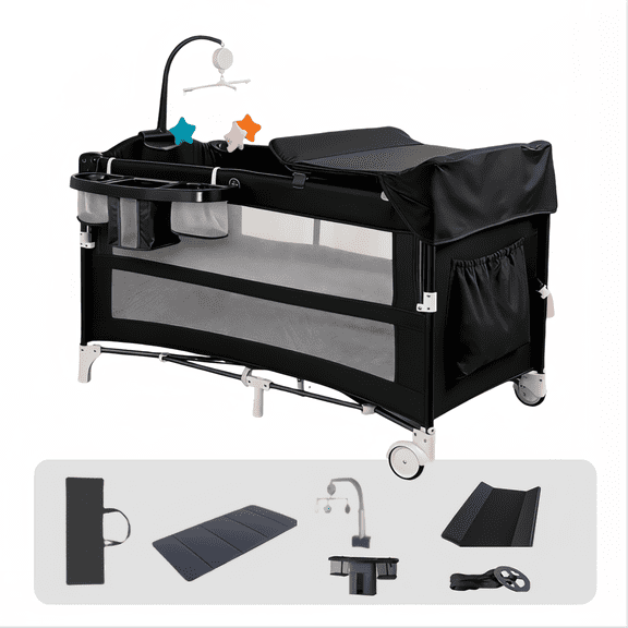 7 in 1 Baby Playard Portable Playard and Bassinet Bedside Sleeper with Changing Table & Wheels for 0-3 Years,Unisex,4-Panels (Black)