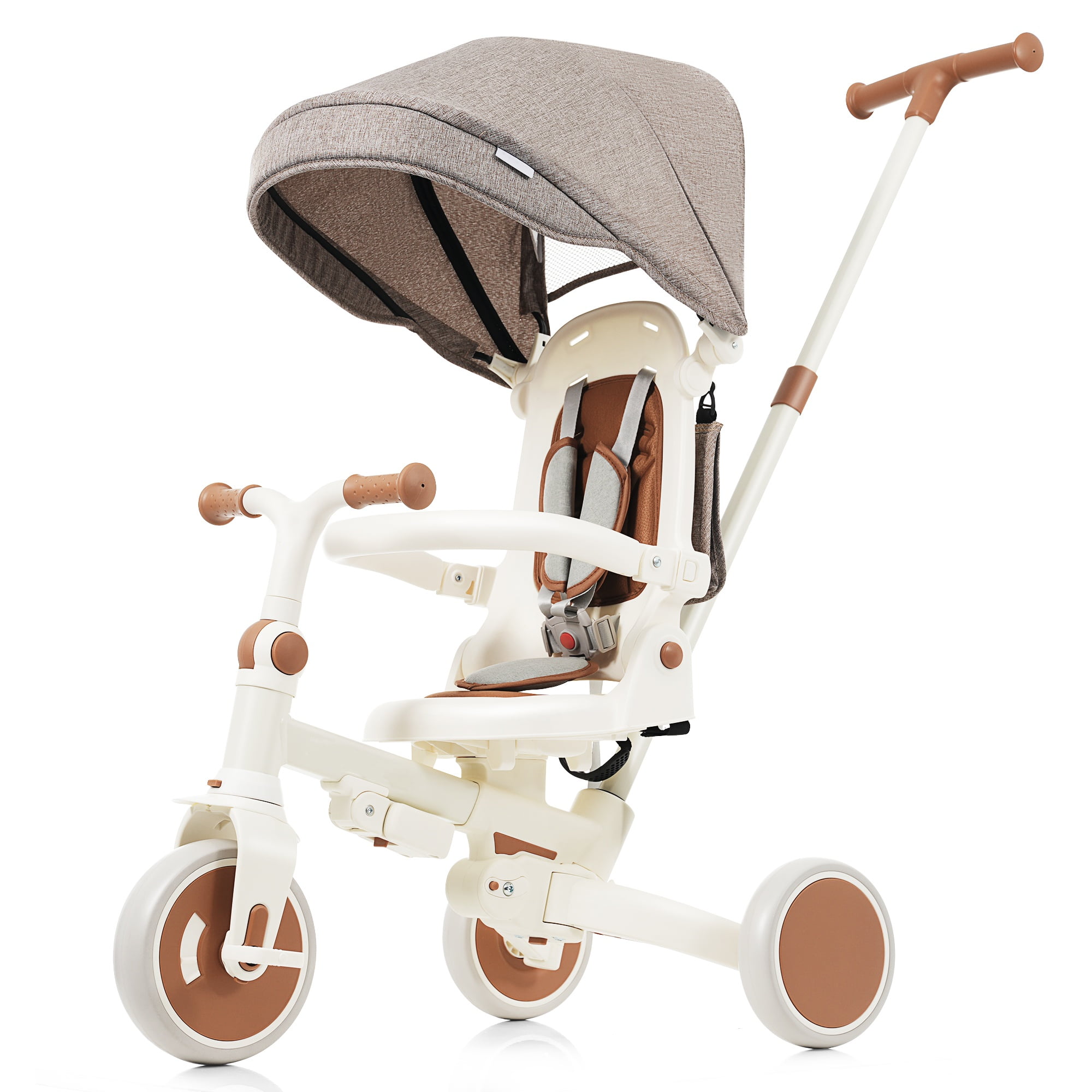 7-in-1 Baby Tricycle 1-6 Years Aluminum Frame with Canopy Push Handle 5-Point Harness for Kids Outdoor Ride