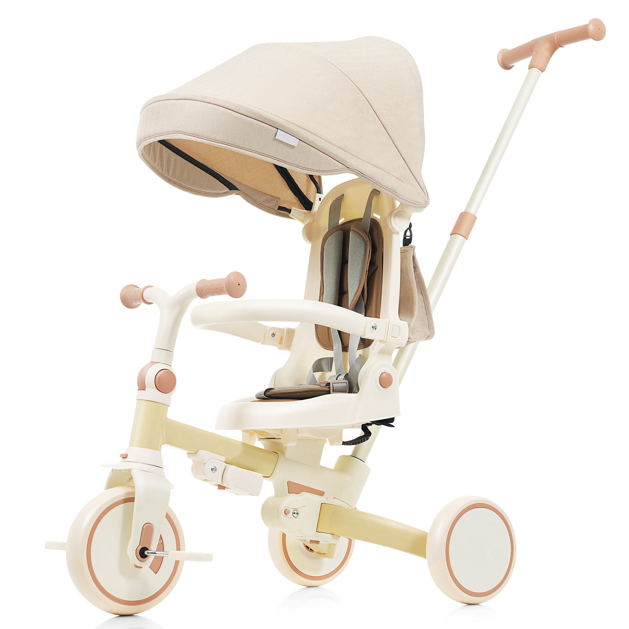 7-in-1 Baby Tricycle 1-6 Years Aluminum Frame with Canopy Push Handle 5-Point Harness for Kids Outdoor Ride