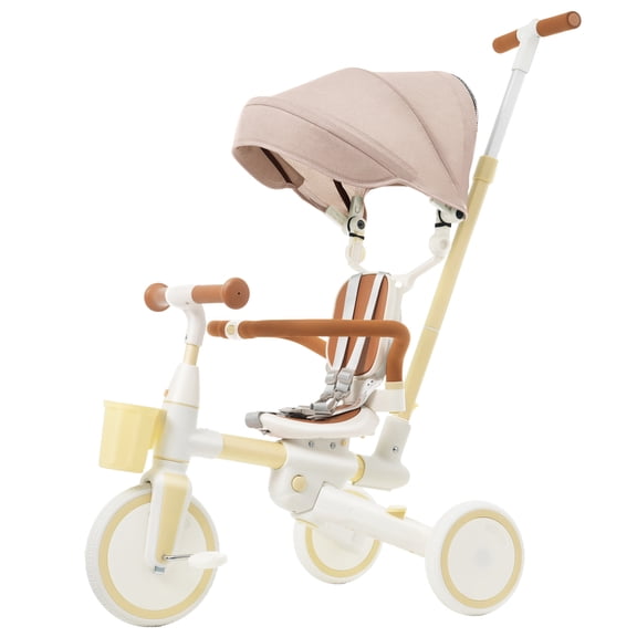 7 in 1 Baby Tricycle with Adjustable Push Handle, Removable Pedals, Canopy and Safety Rail, Convertible Toddler Bike for 18 to 72 Months, Yellow