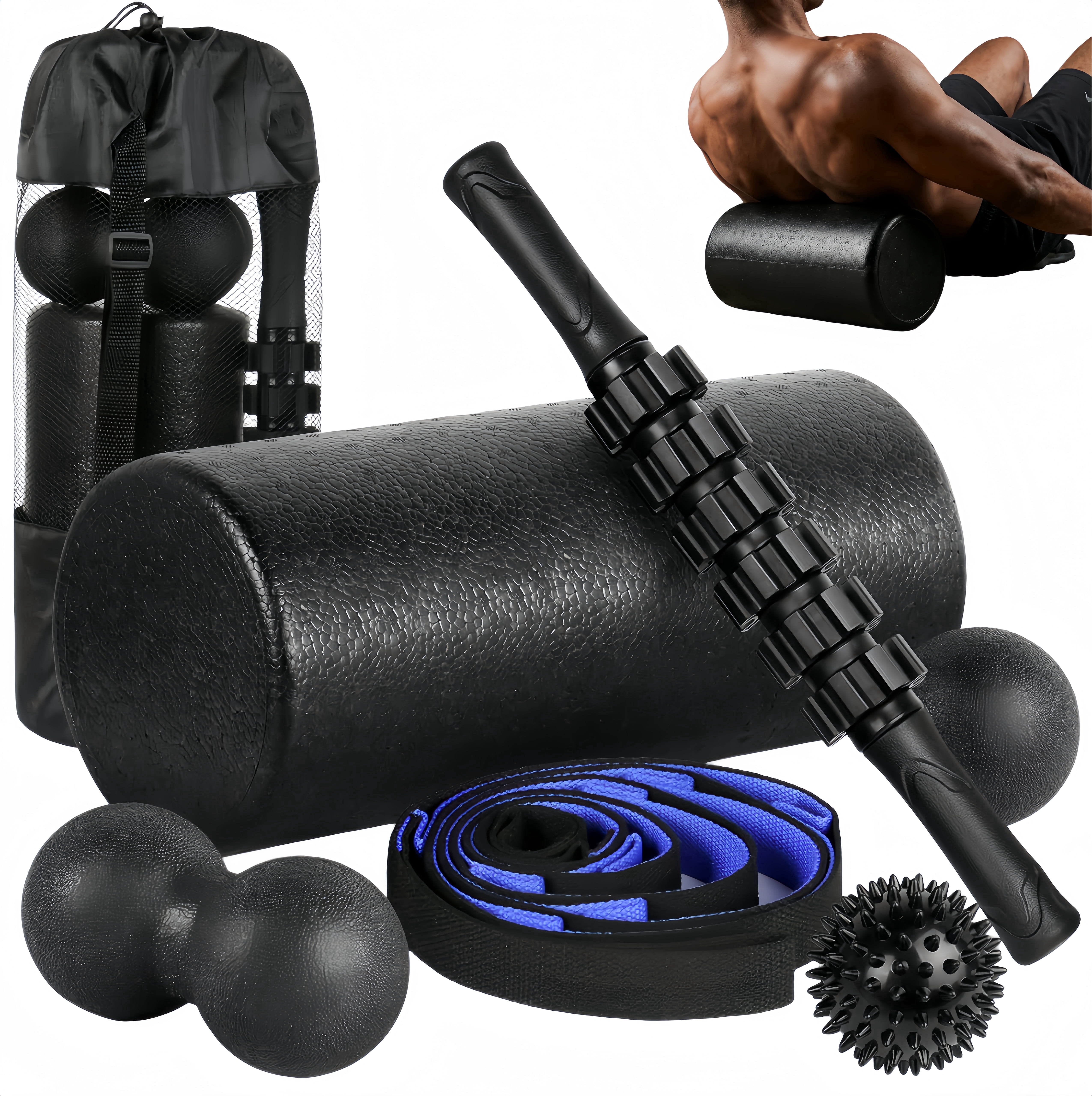 7-in-1 Black Foam Roller Set, for Muscle Recovery - Foam Roller, Massage Stick, 3 Muscle Massage Ball, Stretching Strap & Storage bag, Deep Tissue Trigger Point Therapy Kit for Back Pain, Sore Muscle
