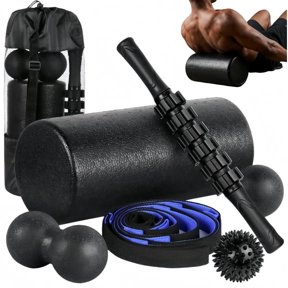7-in-1 Black Foam Roller Set, for Muscle Recovery - Foam Roller, Massage Stick, 3 Muscle Massage Ball, Stretching Strap & Storage bag, Deep Tissue Trigger Point Therapy Kit for Back Pain, Sore Muscle