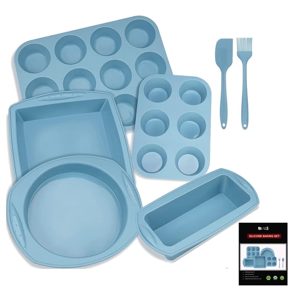 7-in-1 Blue Silicone Bakeware Set For Oven Baking Cakes, Muffins, Bread, Pizza