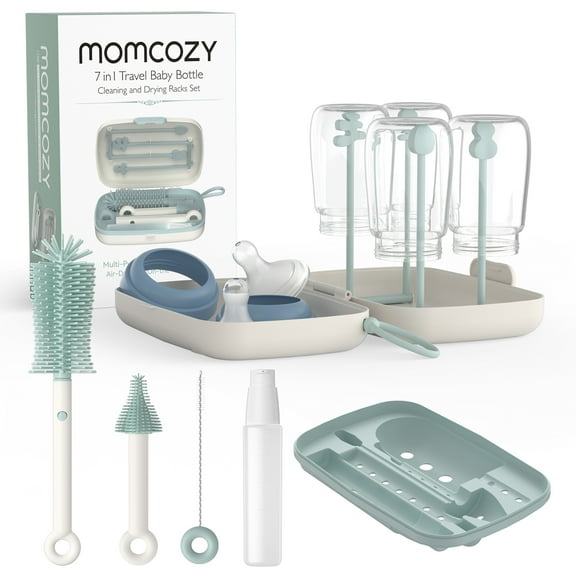 Momcozy Portable Bottle Brush Set, Baby Bottle Cleaner Kit with Silicone Brush, Drying Rack,  6 in 1 Bottle Cleaning Tool for Home and Travel Green 1 Set