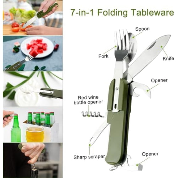 7-in-1 Camping Utensils - Portable Stainless Steel Camping Fork Spoon Knife Set for Hiking, Picnics Outdoor Enthusiasts, and Travel - Essential Survival Utensil Tool Kit