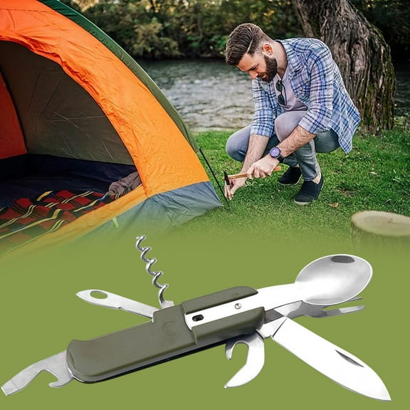 7-in-1 Camping Utensils - Portable Stainless Steel Fork Spoon Knife Set for Hiking, Picnics & Outdoor Adventures - Survival Tool Kit with Bottle Opener, Can Opener & More