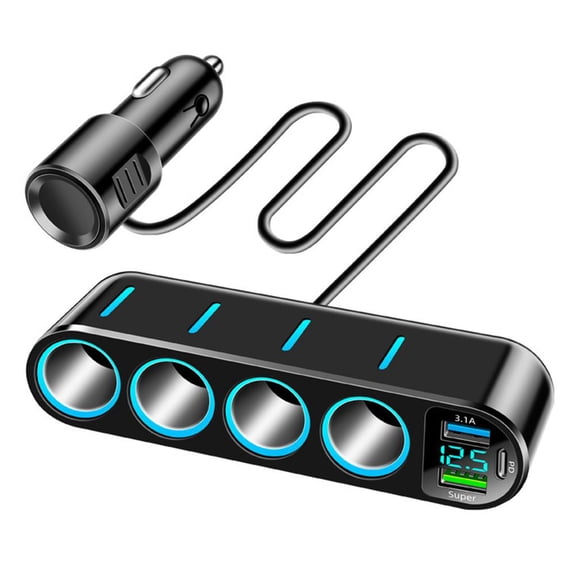 7-in-1 Car Charger Multi-Function Cigarette Lighter Adapter with PD Fast Charging, 4 Sockets, 2 USB Ports, 12V-24V Universal Fit for Cars, SUVs
