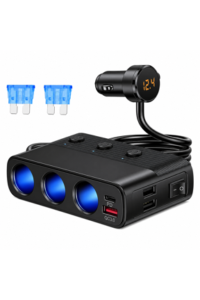 7‑in‑1 Car Cigarette Lighter Splitter Power Adapter with 3 Sockets, PD 30W USB‑C & QC3.0 Fast Charging, Dual USB Ports, Independent Switches & LED Voltmeter for 12V/24V Vehicles
