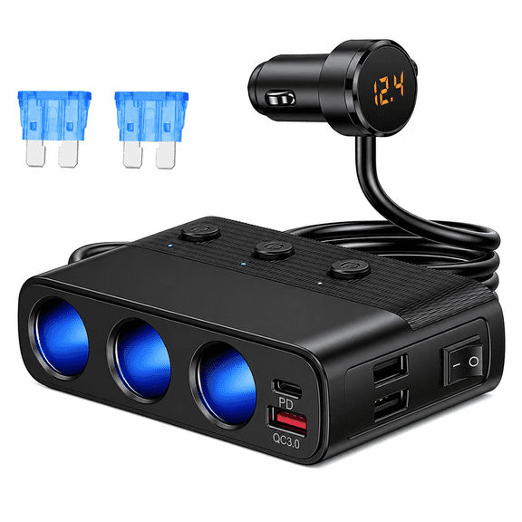 7‑in‑1 Car Cigarette Lighter Splitter Power Adapter with 3 Sockets, PD 30W USB‑C & QC3.0 Fast Charging, Dual USB Ports, Independent Switches & LED Voltmeter for 12V/24V Vehicles