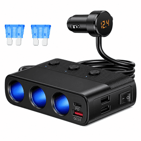 7‑in‑1 Car Cigarette Lighter Splitter Power Adapter with 3 Sockets, PD 30W USB‑C & QC3.0 Fast Charging, Dual USB Ports, Independent Switches & LED Voltmeter for 12V/24V Vehicles