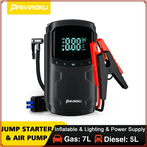 7-in-1 Car Jump Starter with 150PSI Air Compressor, 5000A for 7.0L Gas/6.0L Diesel Engines, Power Bank with QC3.0, LCD Display & LED Flashlight