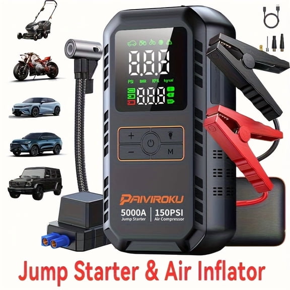 7-in-1 Car Jump Starter with 150PSI Air Compressor, 5000A for 7.0L Gas/6.0L Diesel Engines, Power Bank with QC3.0, LCD Display & LED Flashlight