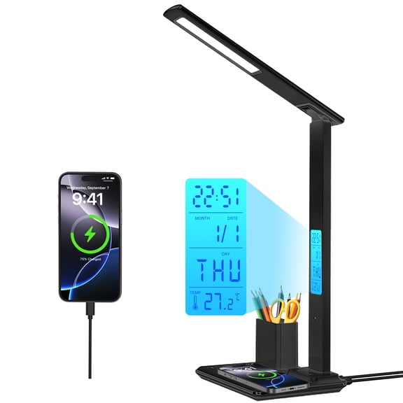 Desk Lamp, LED Desk Lamps for Home Office, Wireless Charger Touch Table Lamp with Pen Holder, Dimmable Office Desk Light with Clock, Alarm, Date, Temp, Foldable Lamp for Table Bedroom Office, Black