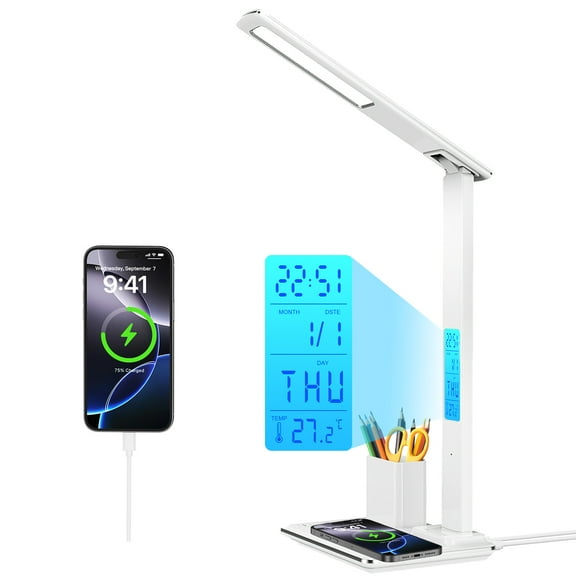 Desk Lamp, LED Desk Lamps for Home Office, Wireless Charger Touch Table Lamp with Pen Holder, Dimmable Office Desk Light with Clock, Alarm, Date, Temp, Foldable Lamp for Table Bedroom Office, White