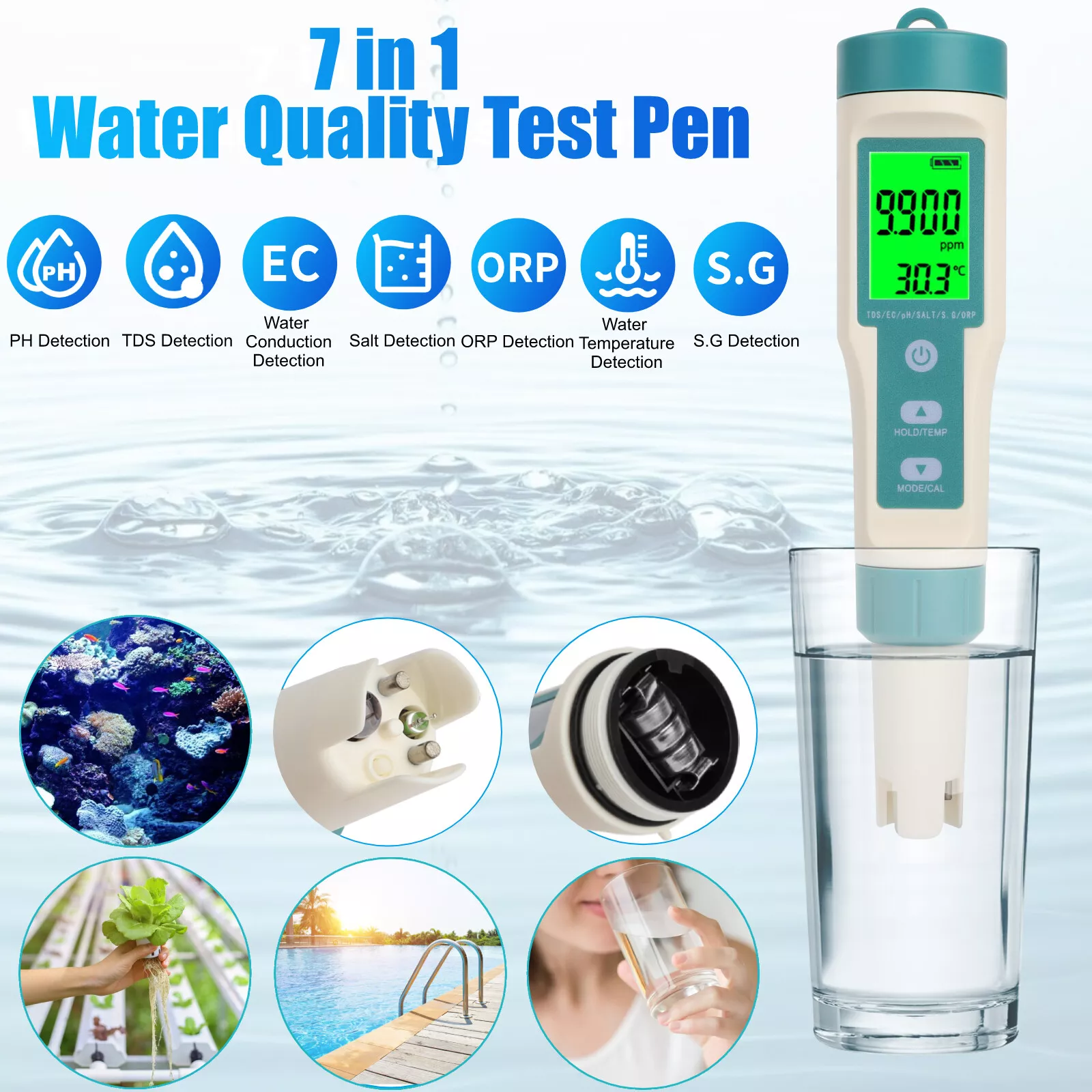 7 in 1 Digital LCD PH/TDS/EC/ORP/TEMP/SG/Salinity Water Quality Tester ...