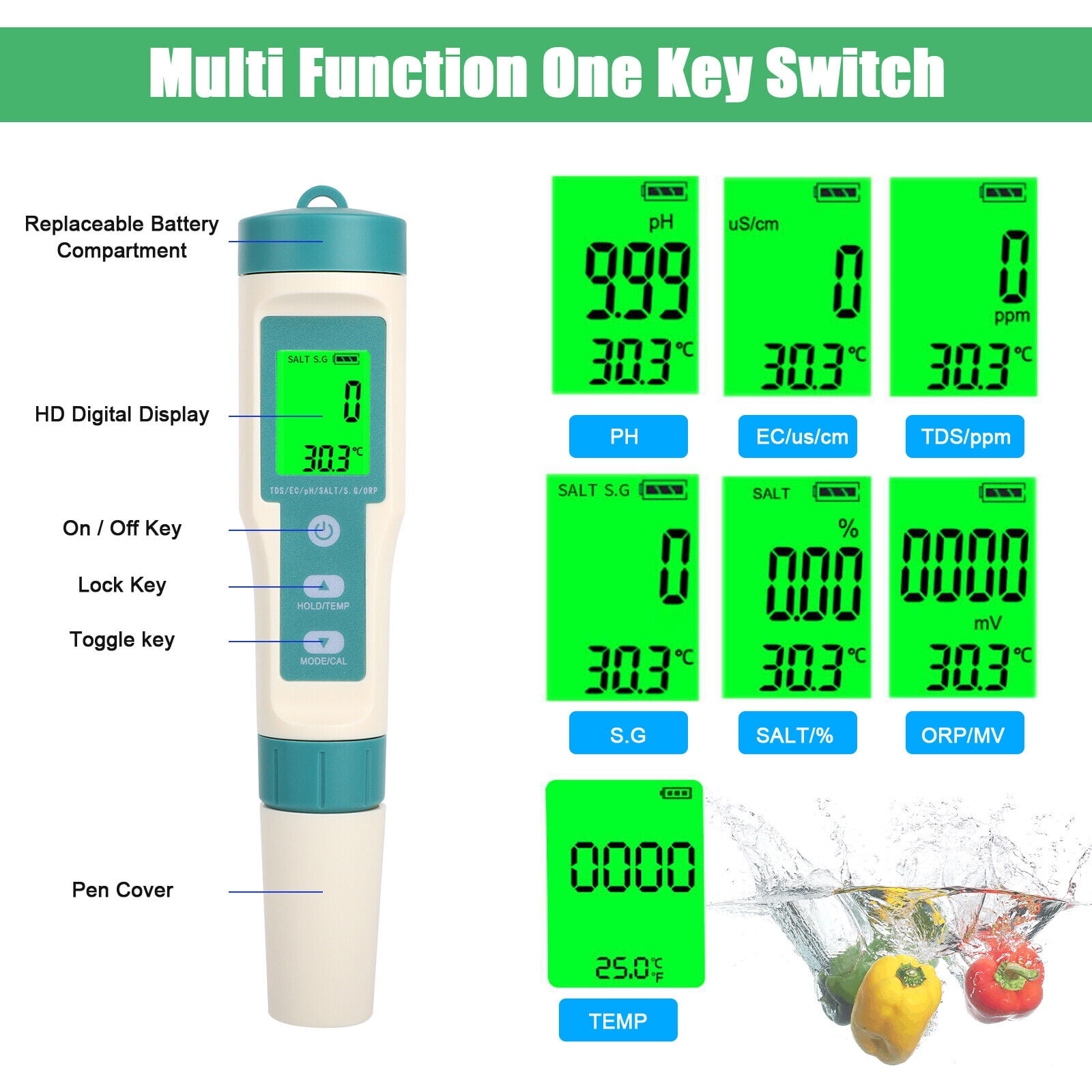 7 in 1 Digital LCD PH/TDS/EC/ORP/TEMP/SG/Salinity Water Quality Tester ...