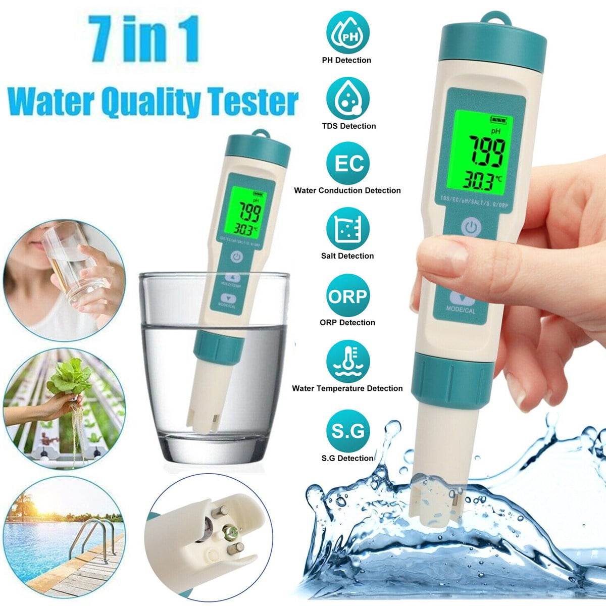 7 in 1 Digital PH/TDS/EC/ORP/TEMP/SG/Salinity Water Quality Tester ...