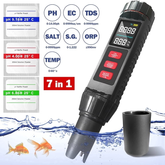 OAZOUF 7 in 1 Digital Water Tester, PH/TDS/EC/SALT/SG/ORP/TEMP, Water Tester Pen for Drinking Water Hydroponics Plant Fish Tank, Pool Salt Tester