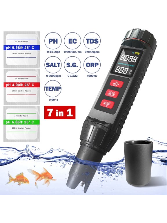 7 in 1 Digital Water Tester, PH/TDS/EC/SALT/SG/ORP/TEMP, Water Tester Pen for Drinking Water Hydroponics Plant Fish Tank, Pool Salt Tester