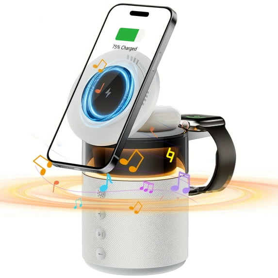 7-in-1 Dual Phone Wireless Charging Station with Night Light, Phone Holder, Time Sync, Week/Temperature Display, 30W Adapter for iPhone, AirPods, iWatch Fast Charging Dock, USB-C & USB-A Outputs