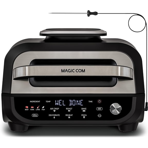 7-in-1 Electric Grill with Steak, Roast, Air Crisp, Bake, Dehydrate, Pizza and Reheat. Smart Thermometer, Non-Stick, Dishwasher Safe/Black