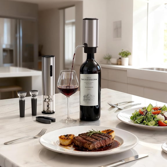 7-in-1 Electric Wine Opener Gift Set, Stainless Steel Automatic Corkscrew with Automatic Aerator Pourer, 2 Vacuum Stoppers, Foil Cutter, Storage Base Rechargeable Corkscrew Kit for Wine Lovers