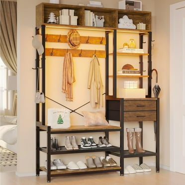 7-in-1 Entryway Bench with Coat Rack and 2 Fabric Drawers, Hall Tree with Bench and 3 Storage Cubbies, 3 Storage Shelves and 17 Coat Hooks, Rustic Brown