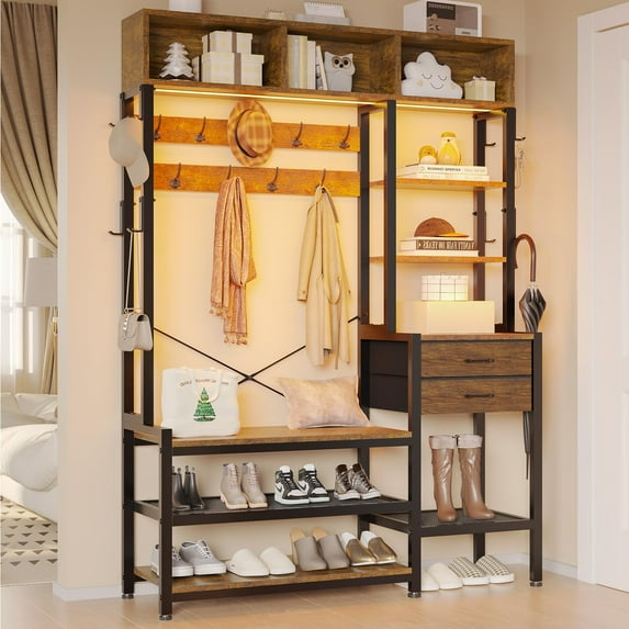7-in-1 Entryway Bench with Coat Rack and 2 Fabric Drawers, Hall Tree with Bench and 3 Storage Cubbies, 3 Storage Shelves and 17 Coat Hooks, Rustic Brown