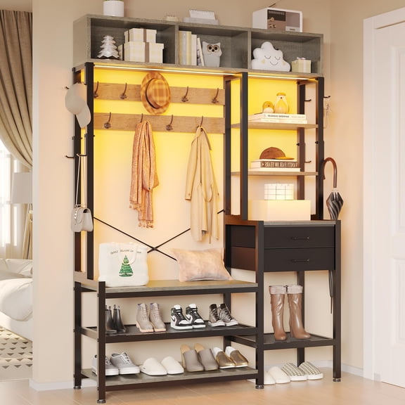 7-in-1 Entryway Bench with Coat Rack and 2 Fabric Drawers, Hall Tree with Bench and 3 Storage Cubbies, 3 Storage Shelves and 17 Coat Hooks, Oak Grey