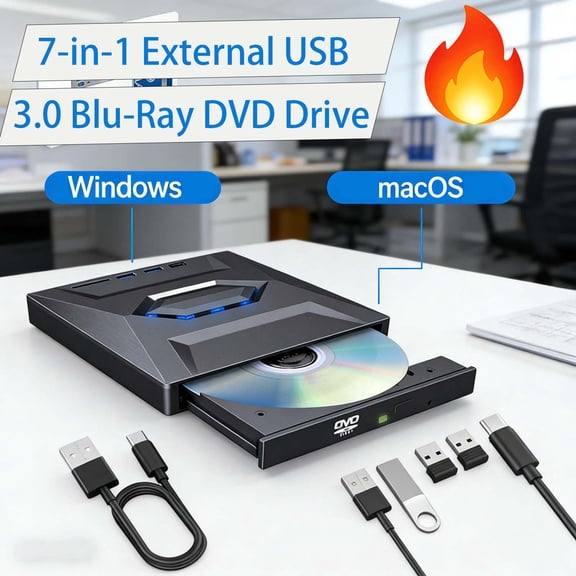 7 in 1 External Blu Ray DVD Drive for Laptop - USB 3.0 Portable BD CD Burner with USB C SD TF Card Slot for Mac Windows