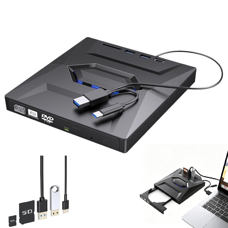 7-in-1 External Blu-ray Drive USB 3.0 & Type-C, Portable BD/DVD/CD Burner with 3-Port USB Hub & SD/TF Card Reader, 6X Optical Drive for Laptop & Desktop(RL Black 1 PC)