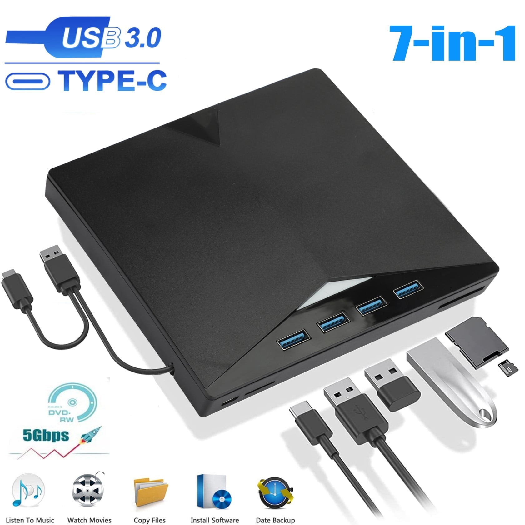 7-in-1 External CD DVD Drive for Laptop, EEEkit USB 3.0 USB C Portable CD/DVD ROM +/-RW DVD Player with TF/SD Card Slots, Optical Disk Drive Reader Writer Burner Fit for Laptop Mac PC Windows Linux
