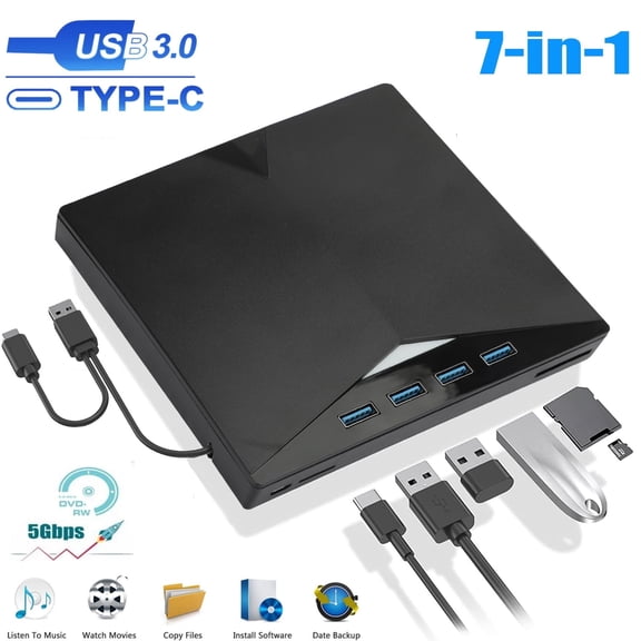 7-in-1 External CD DVD Drive for Laptop,USB 3.0 USB C Portable CD/DVD ROM +/-RW DVD Player with TF/SD Card Slots,Optical Disk Drive Reader Writer Burner Fit for Laptop Mac PC Windows Linux