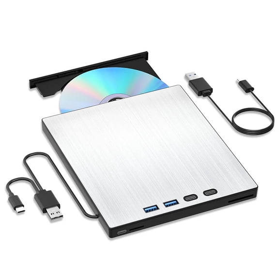 7-in-1 External CD/DVD Drive USB 3.0 Type-C DVD CD Disc Player Reader Burner with SD/TF Card Slot USB Ports for Laptop PC