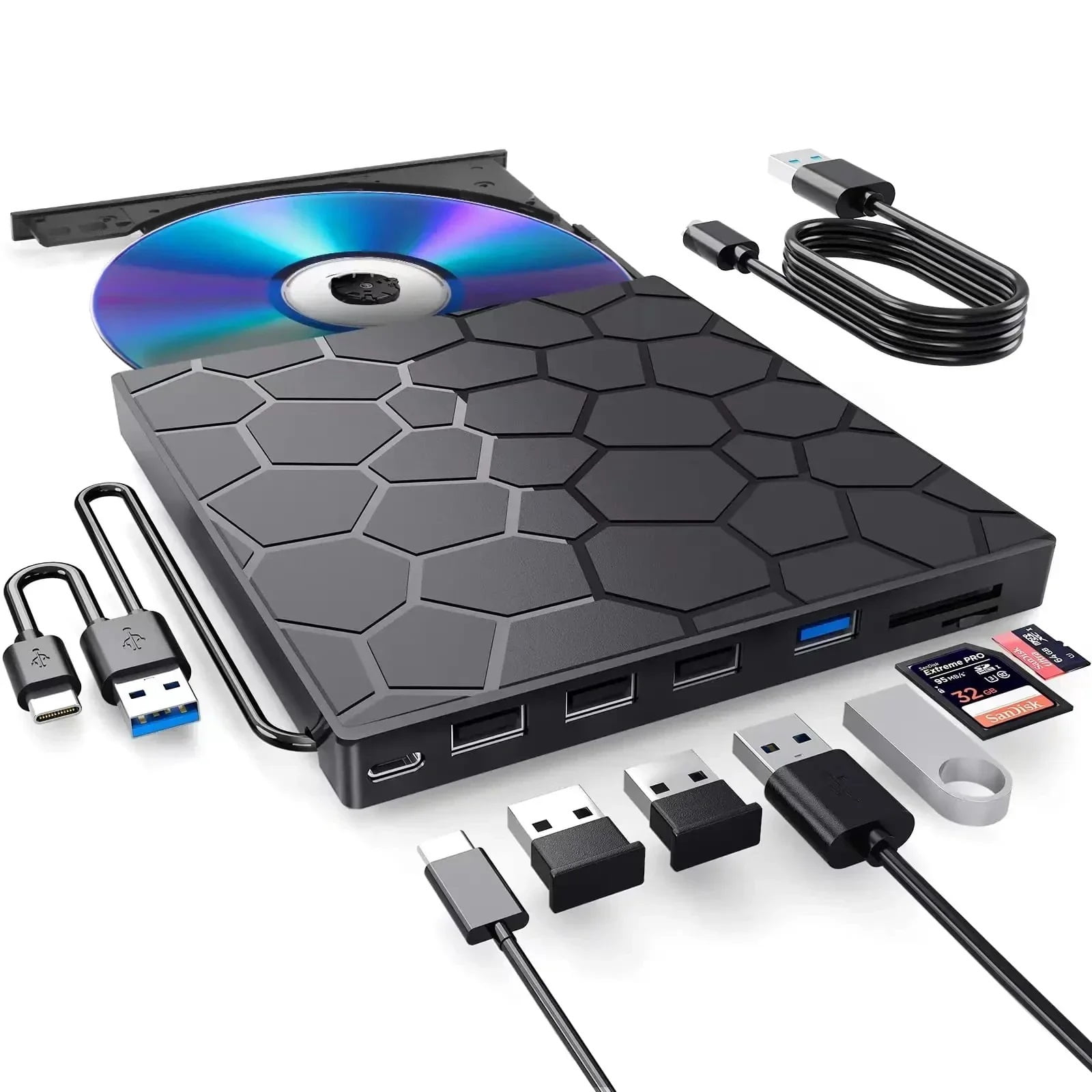7 in 1 External CD DVD Drive USB 3.0 Type C Portable CD Player DVD ...