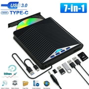 7-in-1 External CD DVD Drive for Laptop, EEEkit Optical Disk Drive Reader Writer Burner with TF/SD Card Slots - Black