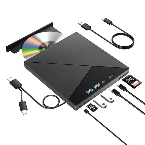 7-in-1 External DVD CD Burner Drive with BD Reader (Read Only), USB 3.0 Type-C Dual Interface with USB Hub & SD/TF Card Reader, Portable Plug & Play for Laptop Desktop Windows Mac Linux