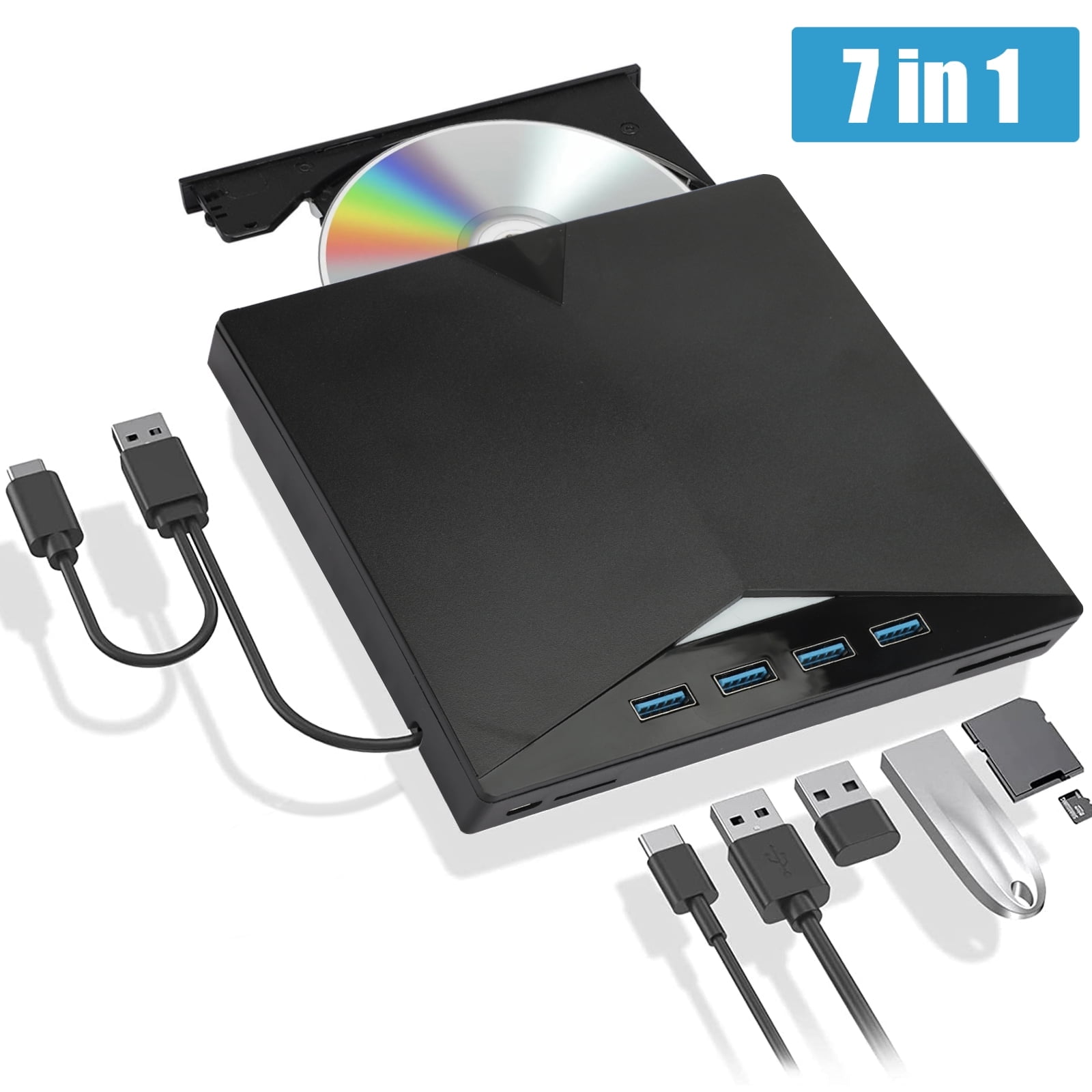 TSV 7in1 Portable External DVD Drive, USB 3.0 CDROM Writer, Compatible with Windows, Linux