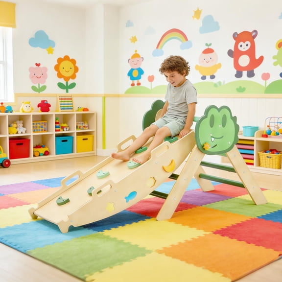 7-in-1 Foldable Toddler Climbing Toys Indoor, Collapsible Triangle Set, Wooden Playground Jungle Gym for Kids, Climber Gift for Boys & Girls Toddler Climbing Toys, Green