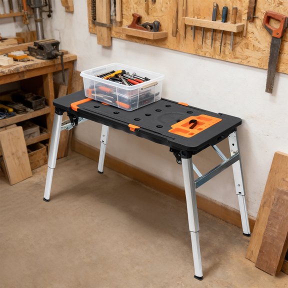7-in-1 Folding Workbench, 551lbs Capacity, Adjustable Height Portable Work Table, Scaffold, Sawhorse, Dolly, Hand Truck with Tool Tray, 4 Wheels